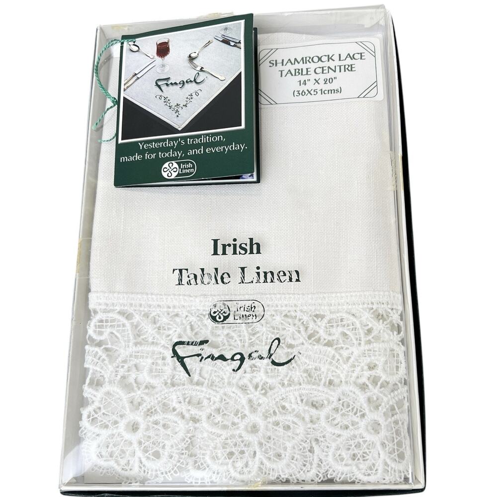 Fingal Irish Table Linen White Shamrock Lace Trim Center Mat 14x20 Elegant Vtg
